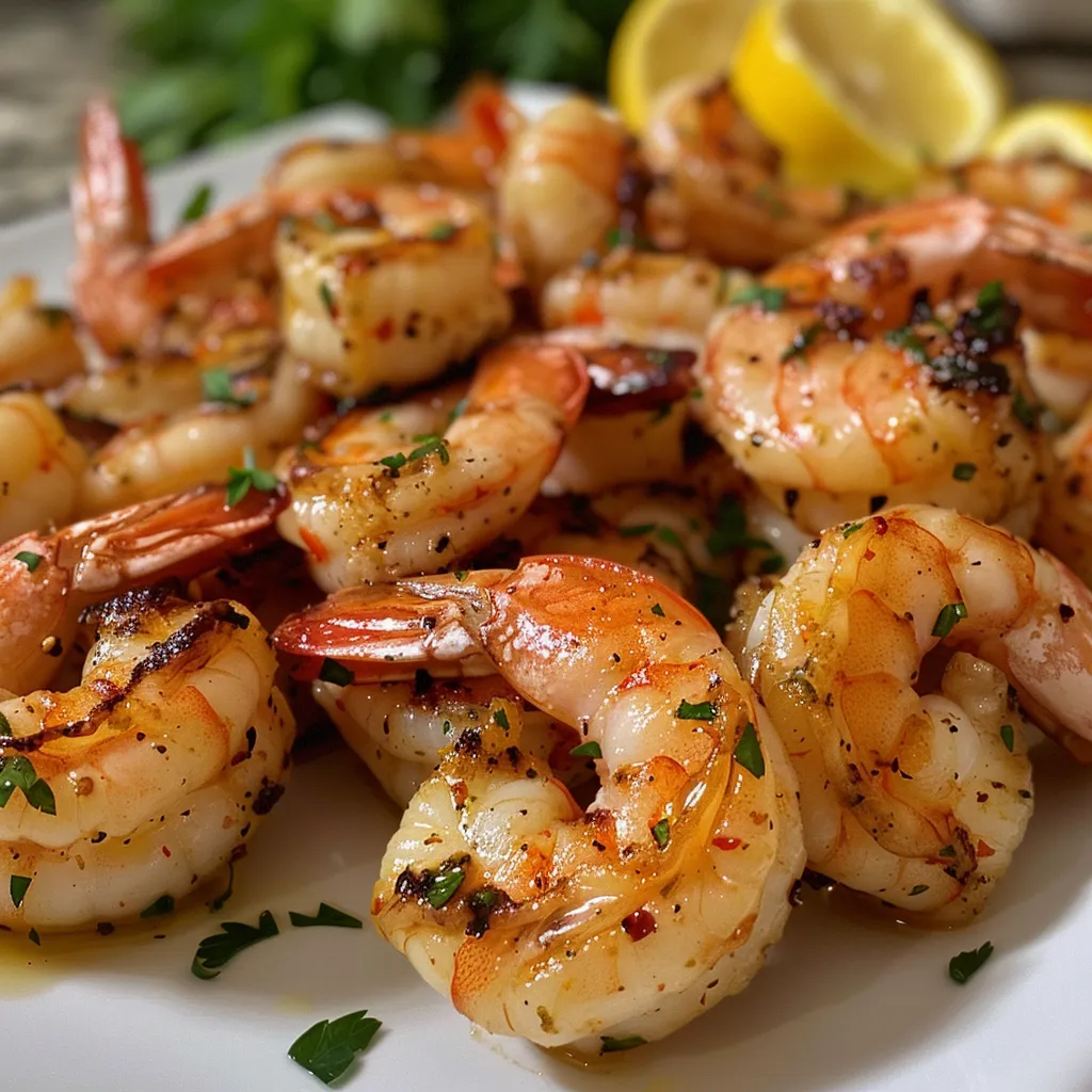 Juicy grilled shrimp on a plate, showing a side view and vibrant colors from seasoning.