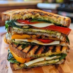 A close-up side view of a grilled vegetable panini filled with colorful vegetables and vegan mozzarella.