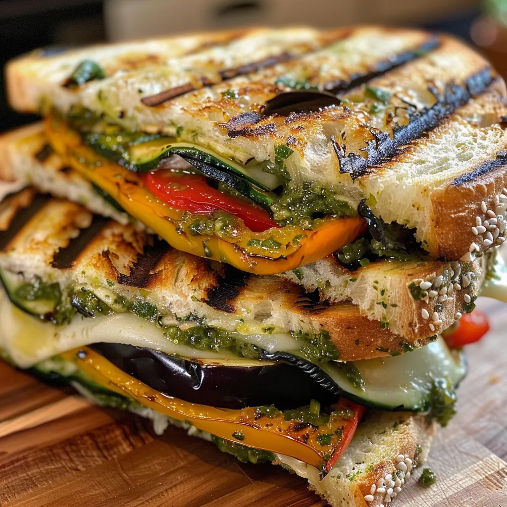 Juicy grilled vegetable panini seen from the side, showcasing layers of zucchini, eggplant, and bell peppers with pesto.