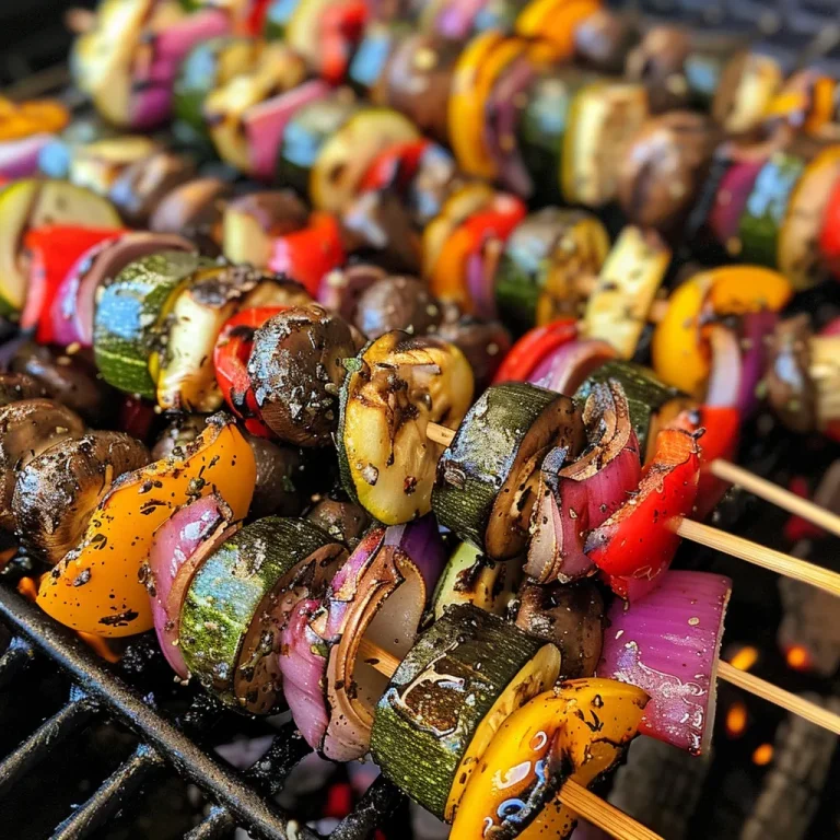 Colorful grilled vegetable skewers featuring bell peppers, zucchini, red onion, and mushrooms.