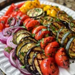 A colorful assortment of grilled vegetables including bell peppers, zucchini, and eggplant on a platter.