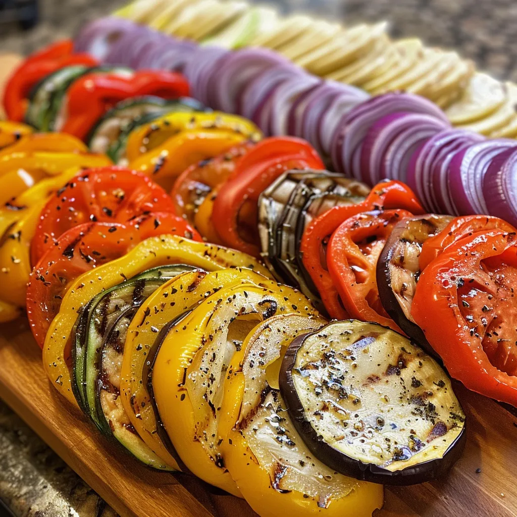Close-up view of a grilled veggie platter garnished with fresh herbs and accompanied by a creamy herb sauce.
