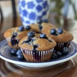 Close-up side view of a fresh, fluffy blueberry muffin featuring plump blueberries.