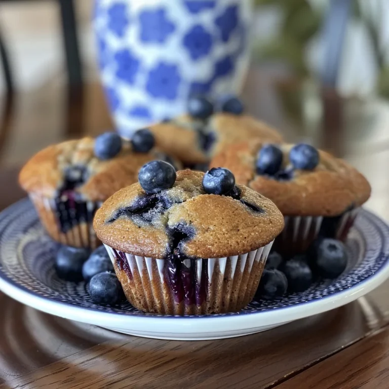 Close-up side view of a fresh, fluffy blueberry muffin featuring plump blueberries.
