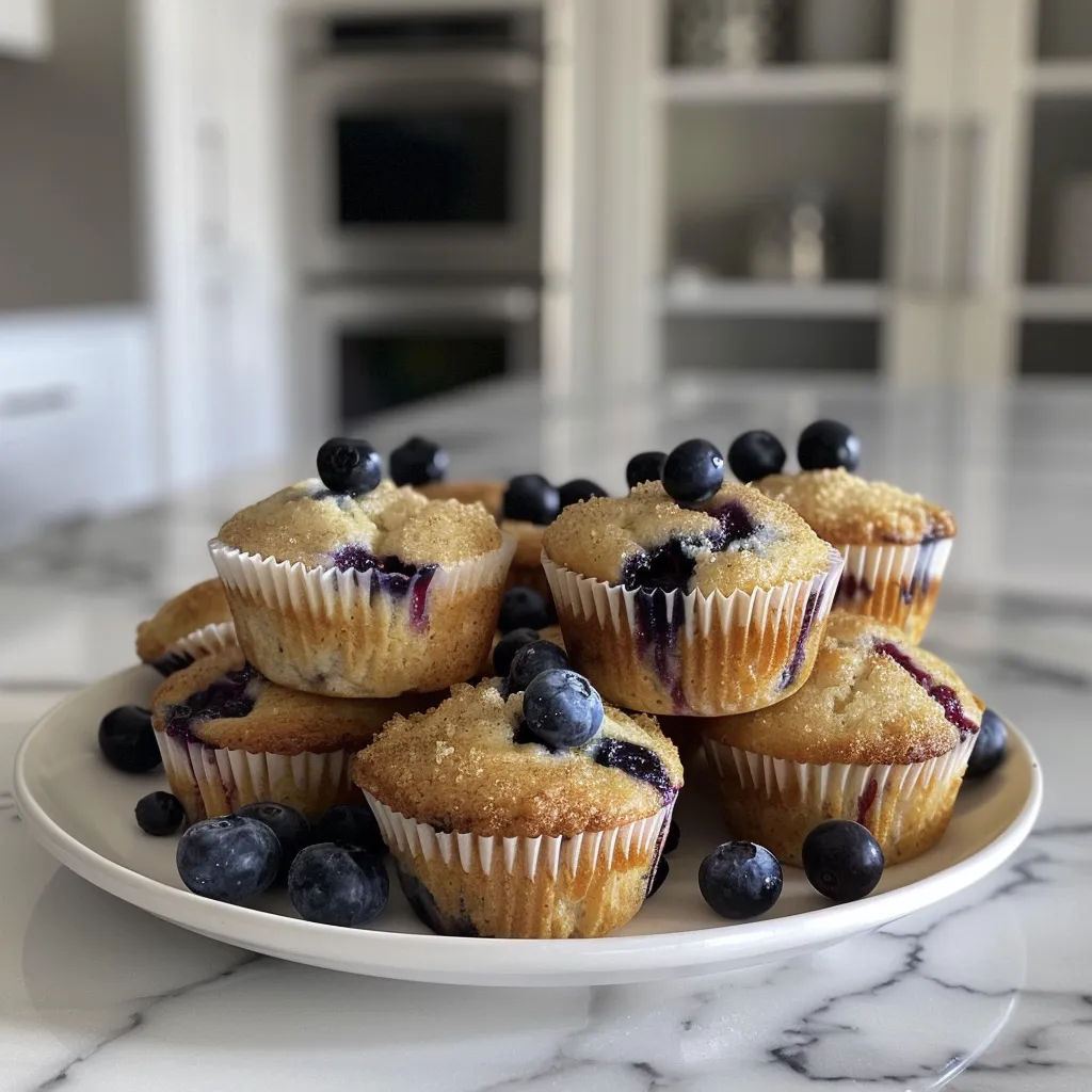 Juicy blueberry muffins with a golden-brown crust and visible blueberries, displayed on a light surface.