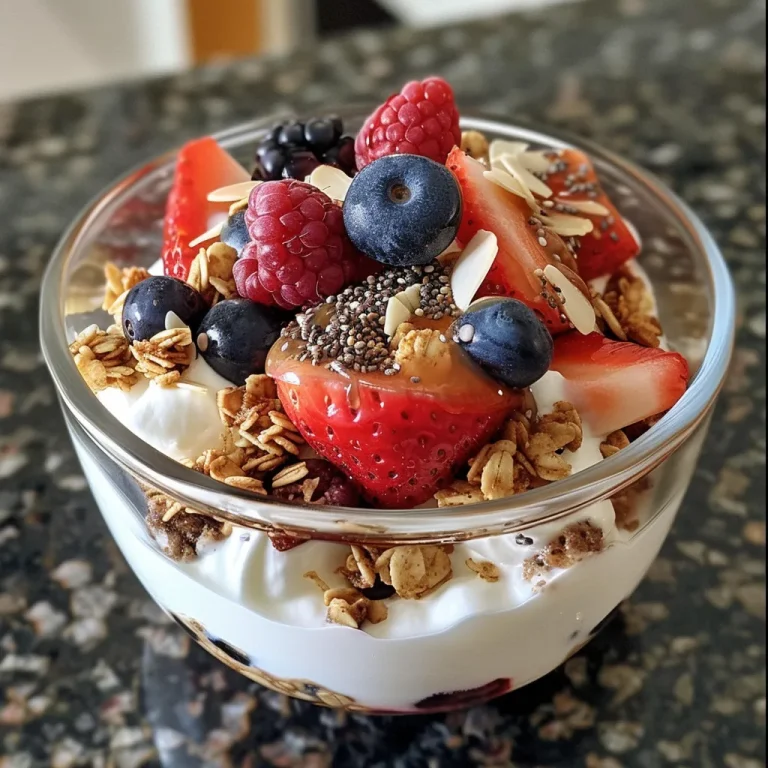 A colorful Greek yogurt parfait featuring layers of yogurt, nuts, and honey.