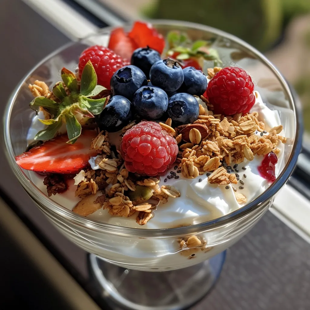 Delicious Greek yogurt parfait with vibrant fruits and crunchy granola in a glass.