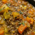 A rich lentil soup displayed in a bowl, showcasing various vegetables.