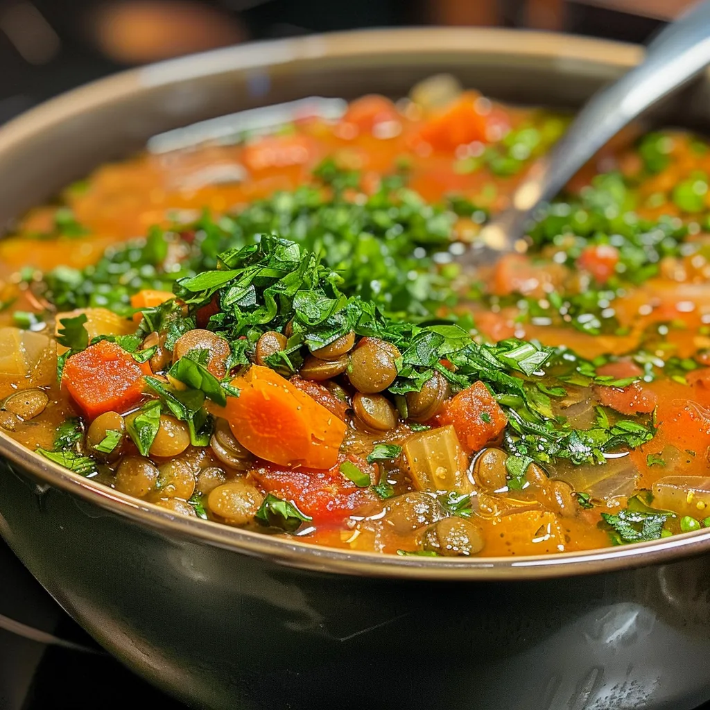 Close-up of a delicious veggie-loaded lentil soup garnished with herbs.
