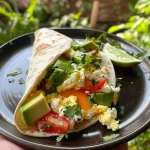 Juicy breakfast wrap with visible slices of avocado and a sprinkle of cilantro on a tortilla.