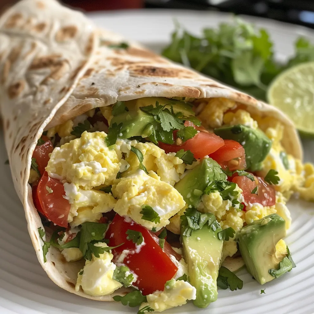 Detailed view of a hearty breakfast wrap featuring ingredients like cottage cheese, tomato, and lime.