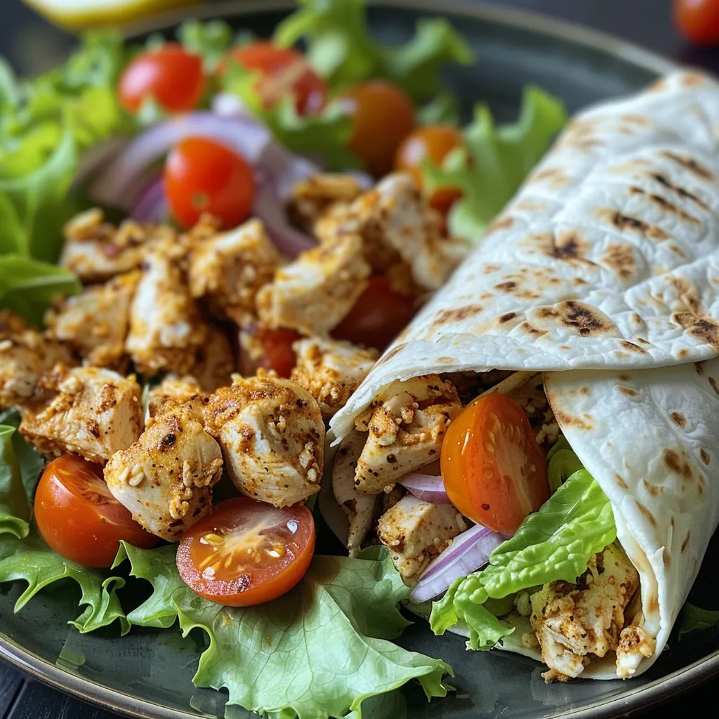Delicious-looking flatbread chicken wraps filled with cottage cheese and vibrant veggies.