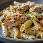 A creamy garlic parmesan pasta bowl featuring grilled chicken and a sprinkle of parsley.