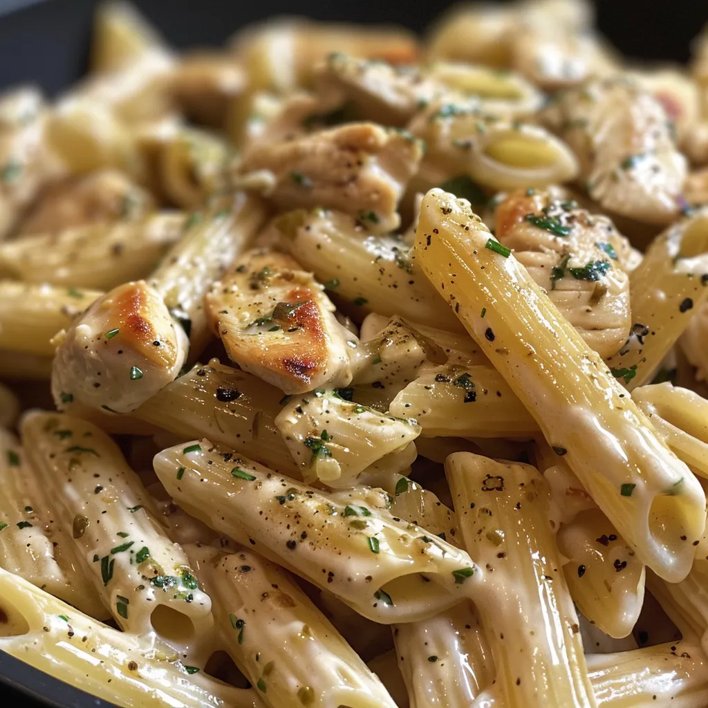 Vibrant pasta bowl showcasing penne or rigatoni, grilled chicken, and melted cheese.