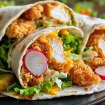 Close-up of a honey mustard chicken wrap filled with colorful ingredients.