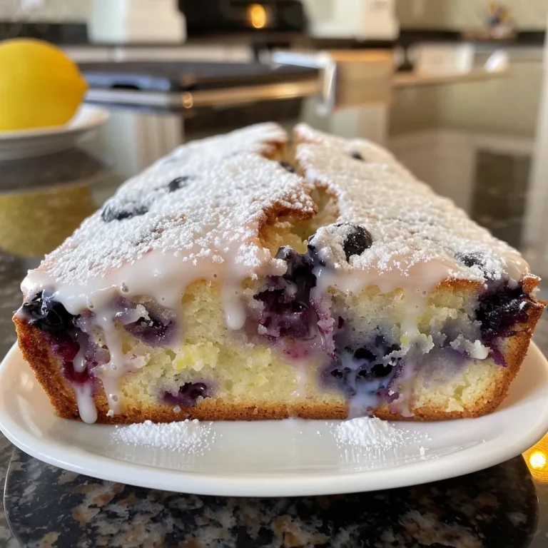 A moist slice of Lemon Blueberry Yogurt Loaf displayed on a wooden board, showcasing blueberries and a dusting of powdered sugar.