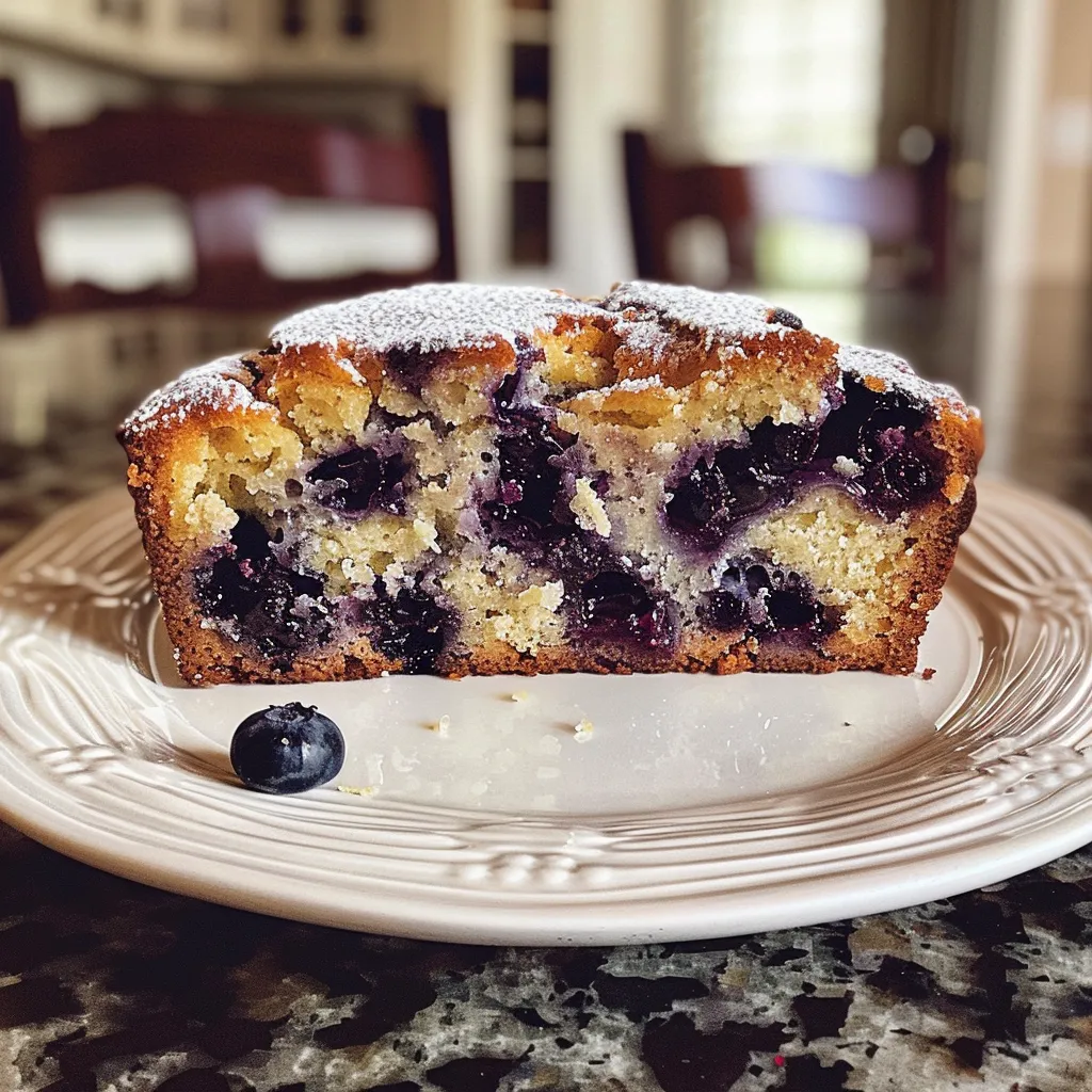 Close-up view of a lemon blueberry loaf, highlighting its golden crust and juicy blueberries, with a blurred background.