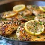 Side view of a vibrant lemon herb chicken dish, showcasing garlic and herbs in a skillet.