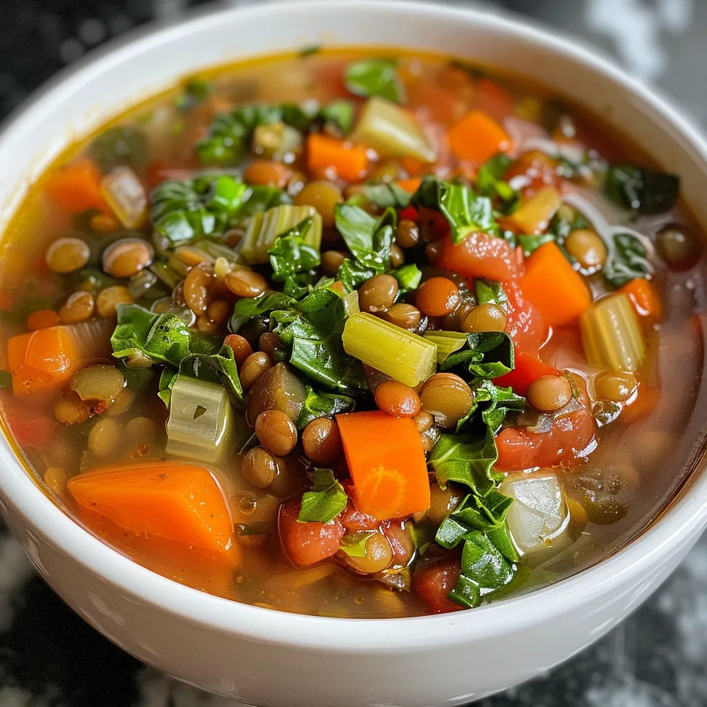 Close-up image of a rich lentil and vegetable soup, highlighting its ingredients.