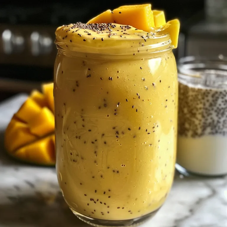 Juicy mango banana smoothie with a swirl of yogurt on top, surrounded by mango and banana pieces.