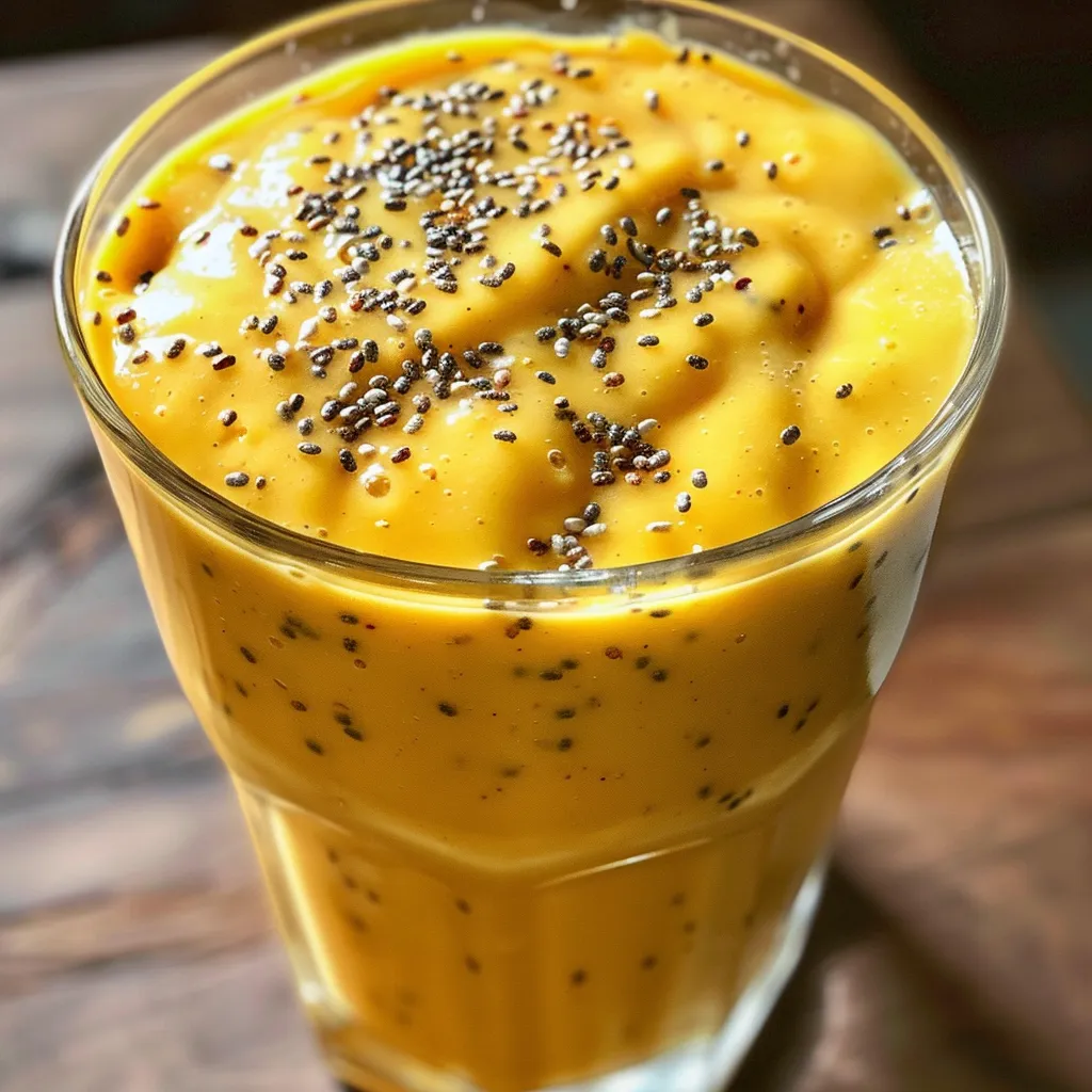 Juicy mango banana smoothie with a smooth texture and a honey drizzling effect.