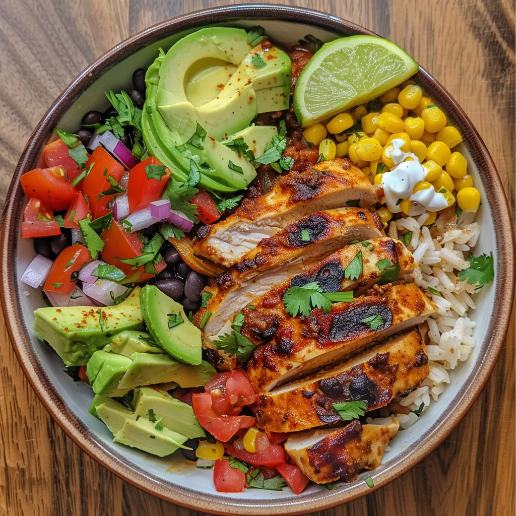 Close-up view of a delicious Chicken and Rice Bowl with toppings and garnishes.