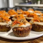 A delicious looking mini carrot cake, showcasing shredded carrots and vibrant color.