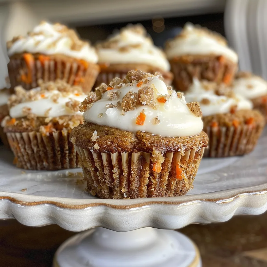 Side view of a moist mini carrot cake, adorned with creamy frosting and fresh ingredients.