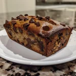 Close-up view of moist chocolate chip banana bread revealing soft texture and chocolate chips.