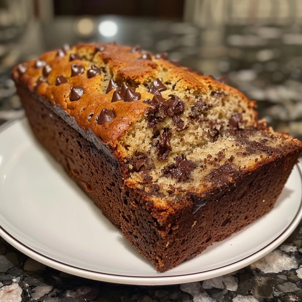 Side angle of a golden-brown loaf of chocolate chip banana bread with melted chocolate visible.