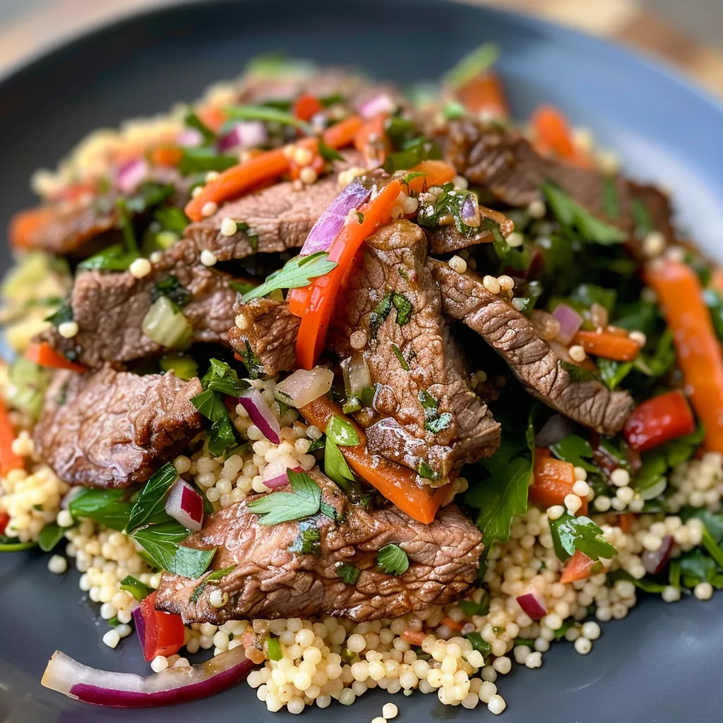 A detailed close-up of Moroccan beef salad with couscous, herbs, and lemon zest.