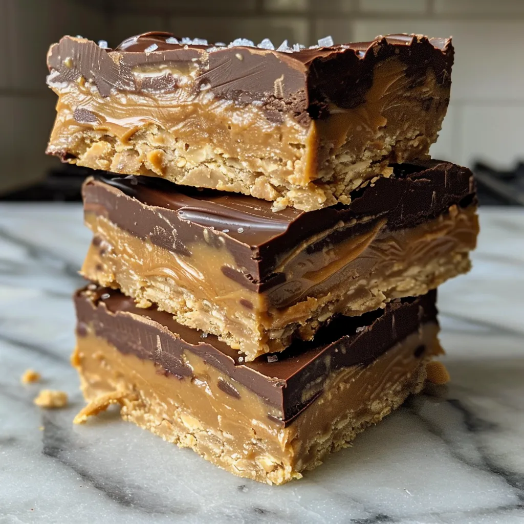Sliced No-Bake Peanut Butter Cup Bars showcasing layers of chocolate and peanut butter.
