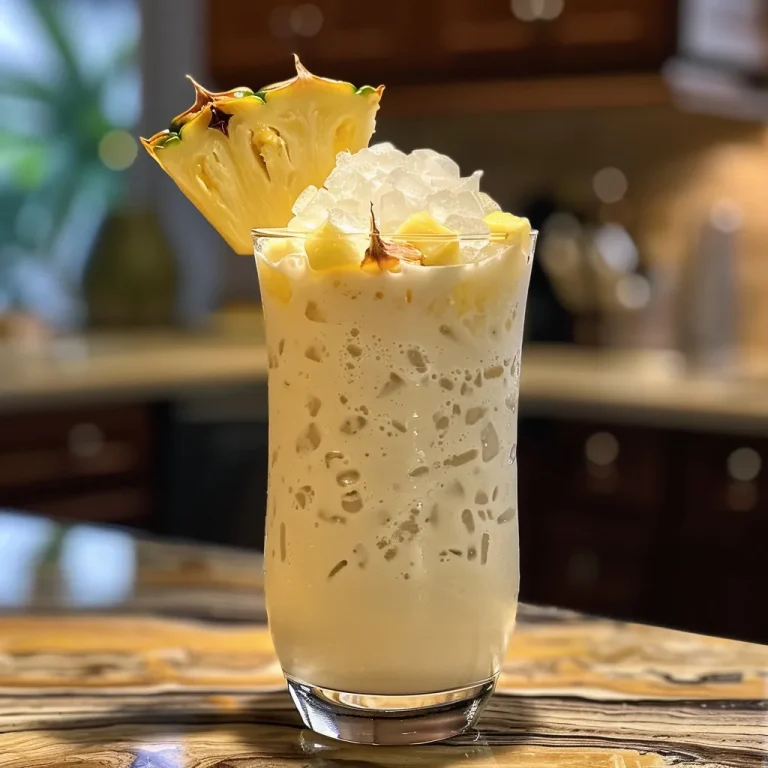 Close-up of a refreshing Ocean Love Colada drink in a glass with a slice of pineapple and a straw.