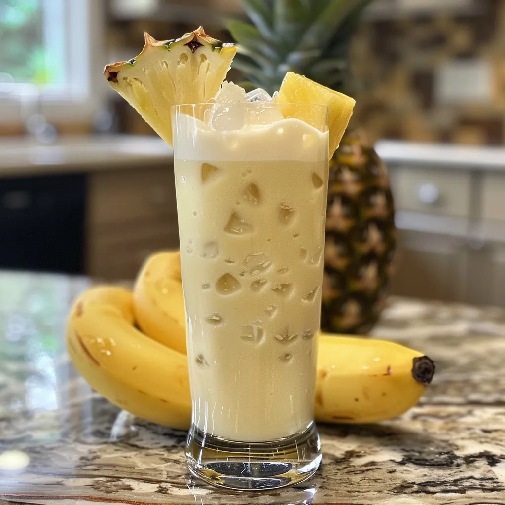 Side view of a creamy Ocean Love Colada cocktail, showcasing its vibrant yellow color and ice cubes.