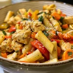 A mouthwatering one-pot meal with tender chicken, pasta, and a variety of veggies, captured in detail.