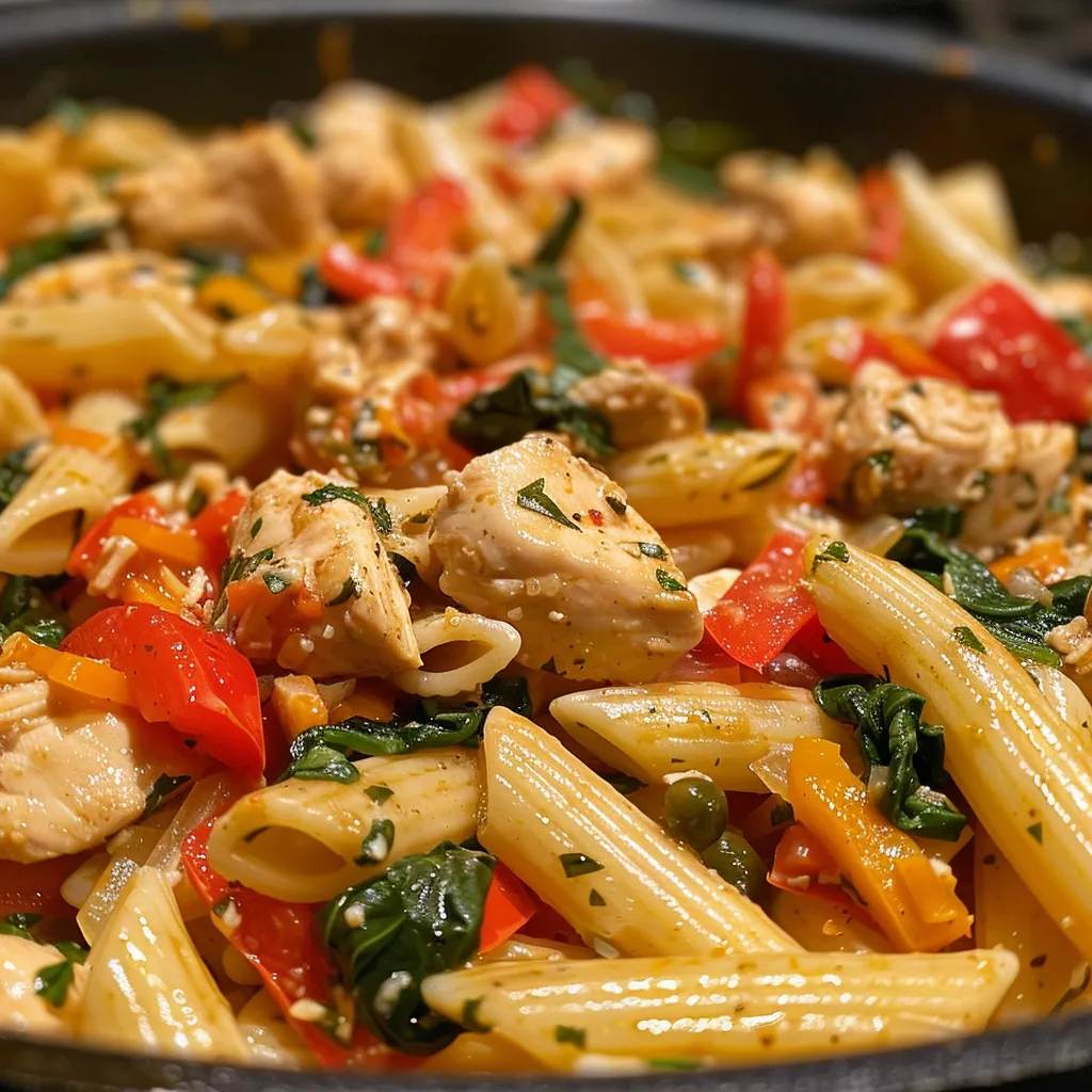 Detailed image of a hearty one-pot chicken veggie pasta, featuring an array of colorful ingredients.