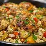 One Skillet Chicken and Rice dish with garnished parsley and cooked ingredients.
