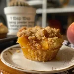 Close-up view of golden-brown Peach Cobbler Muffins with peach chunks visible.
