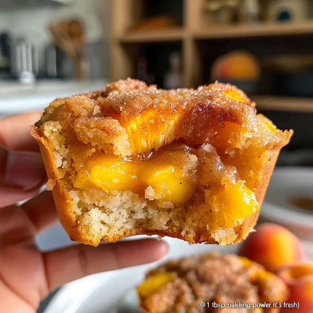 Side shot of fluffy Peach Cobbler Muffins, showcasing a light texture and bits of peach.