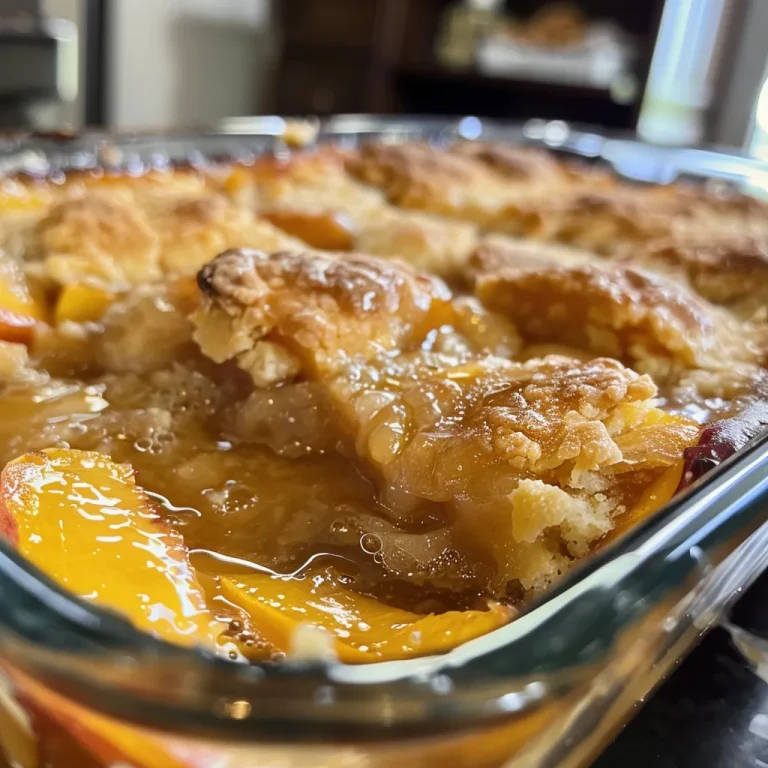 The Easiest Peach Cobbler That Will Warm Your Heart Close-up view of a golden-brown peach cobbler with visible peach slices.