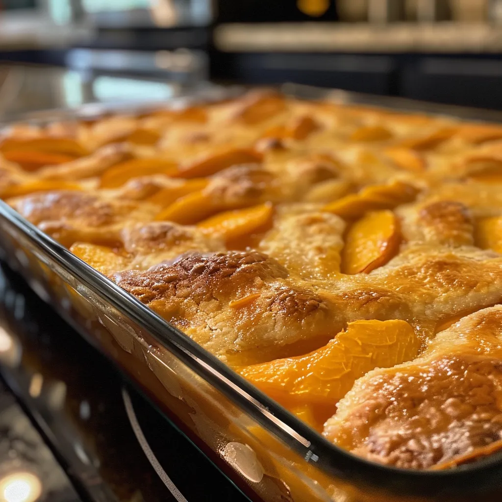 Side angle of baked peach cobbler, showcasing its crispy topping and juicy filling.