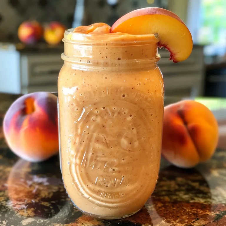 A vibrant peach smoothie served in a clear glass, with ice cubes visible and a sliced peach on top.