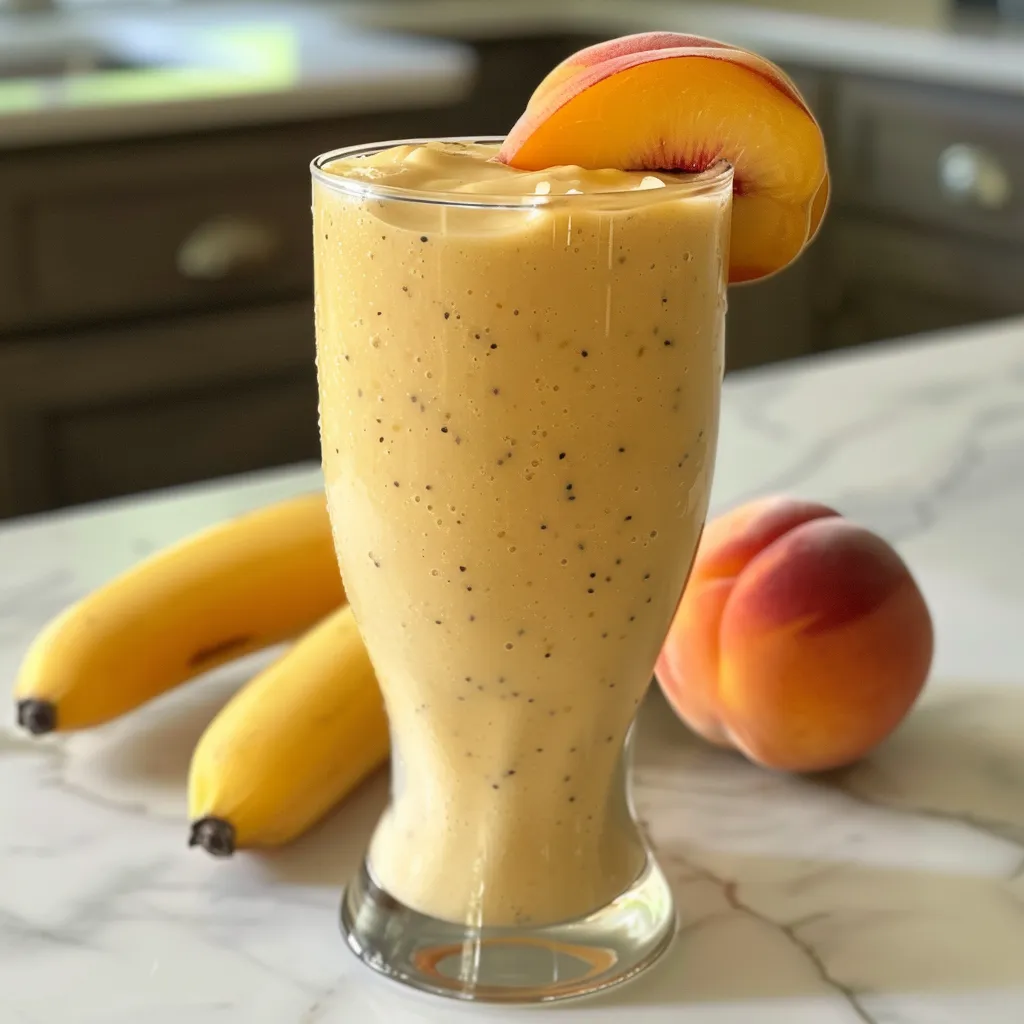 Delicious peach smoothie in a glass with a straw, surrounded by fresh peaches and banana.