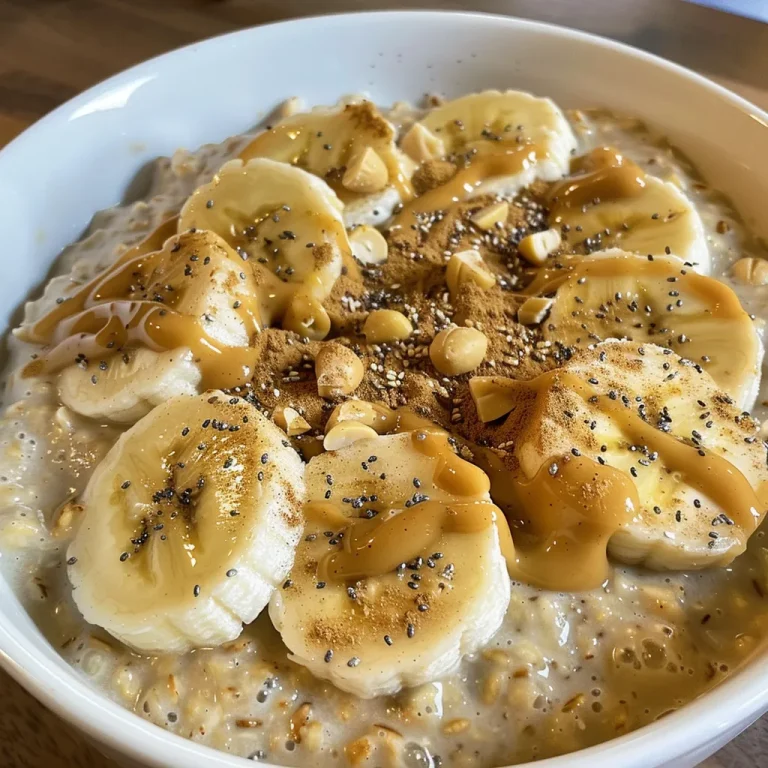 Detailed shot of a healthy breakfast bowl containing Peanut Butter Banana Overnight Oats with chia seeds.