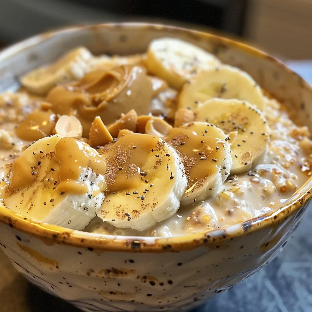 Appetizing image of Peanut Butter Banana Protein Overnight Oats with a spoon resting beside the bowl.