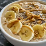 Close-up side view of a Peanut Butter Banana Smoothie Bowl topped with sliced banana and granola.