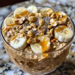 A colorful presentation of overnight oats featuring peanut butter, banana, and chia seeds in a glass container.