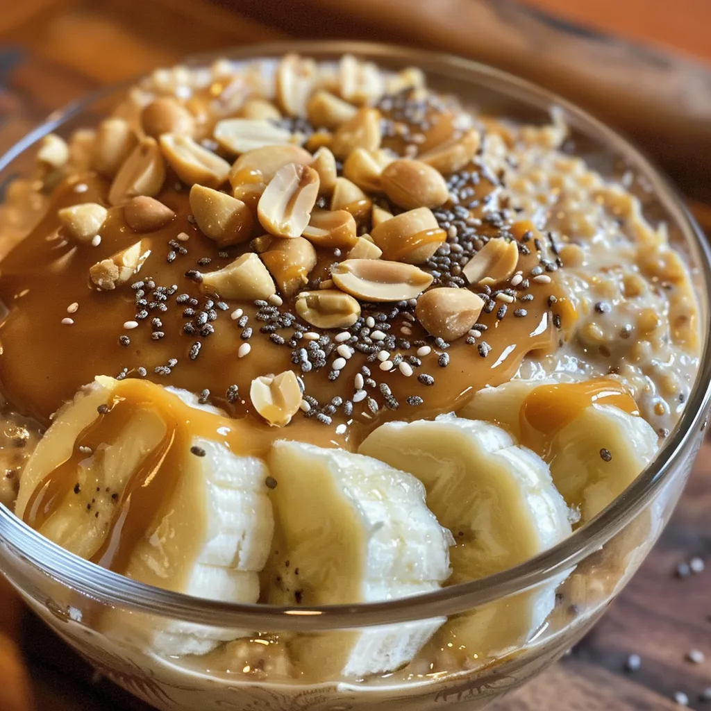 An appetizing close-up of peanut butter overnight oats with a sprinkle of cinnamon and fresh banana slices.