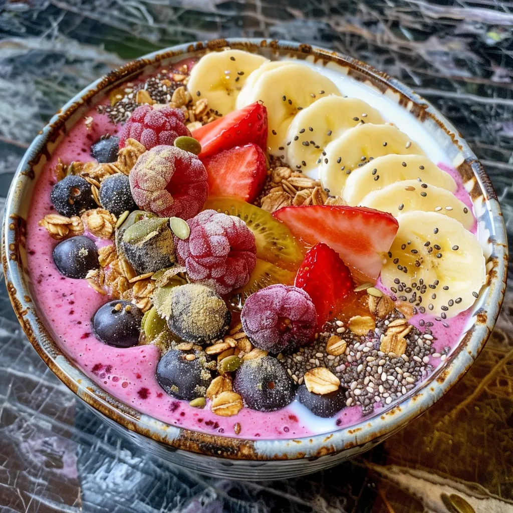 A refreshing bowl of Greek yogurt smoothie with toppings, showcasing a variety of colors and textures.