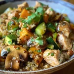 Side view of quinoa with chicken, mushrooms, and chopped zucchini.